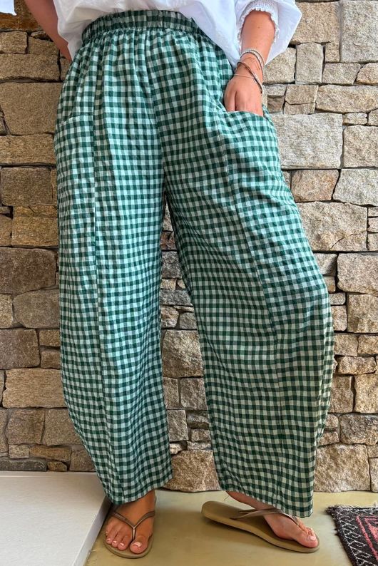 Nonni Gingham Relaxed Barrel Pant Forest